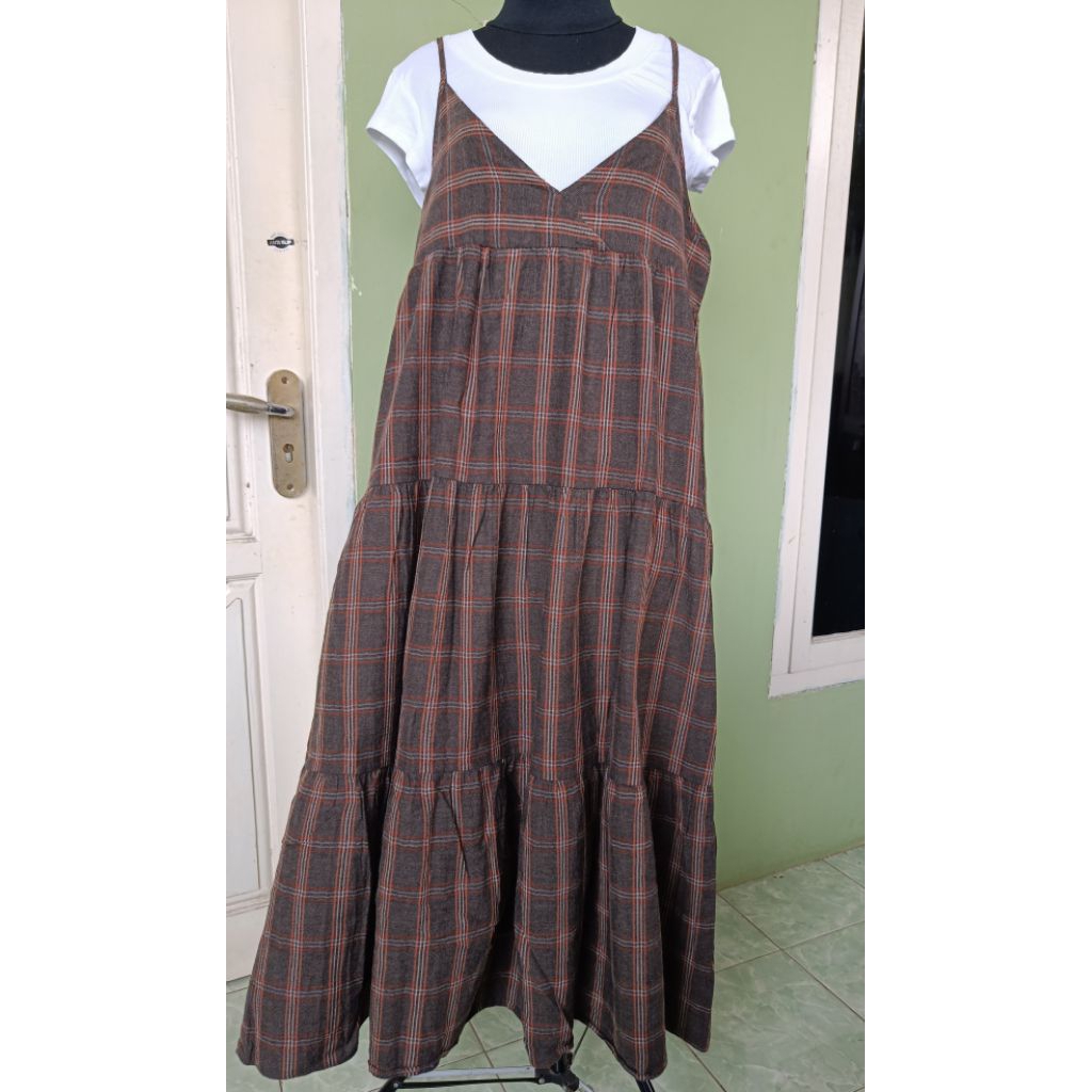 Overall Babydoll Umpak Rempel Tartan Coklat / Ol Umpak Coklat / Overall Plaid Pattern Maxi Dress