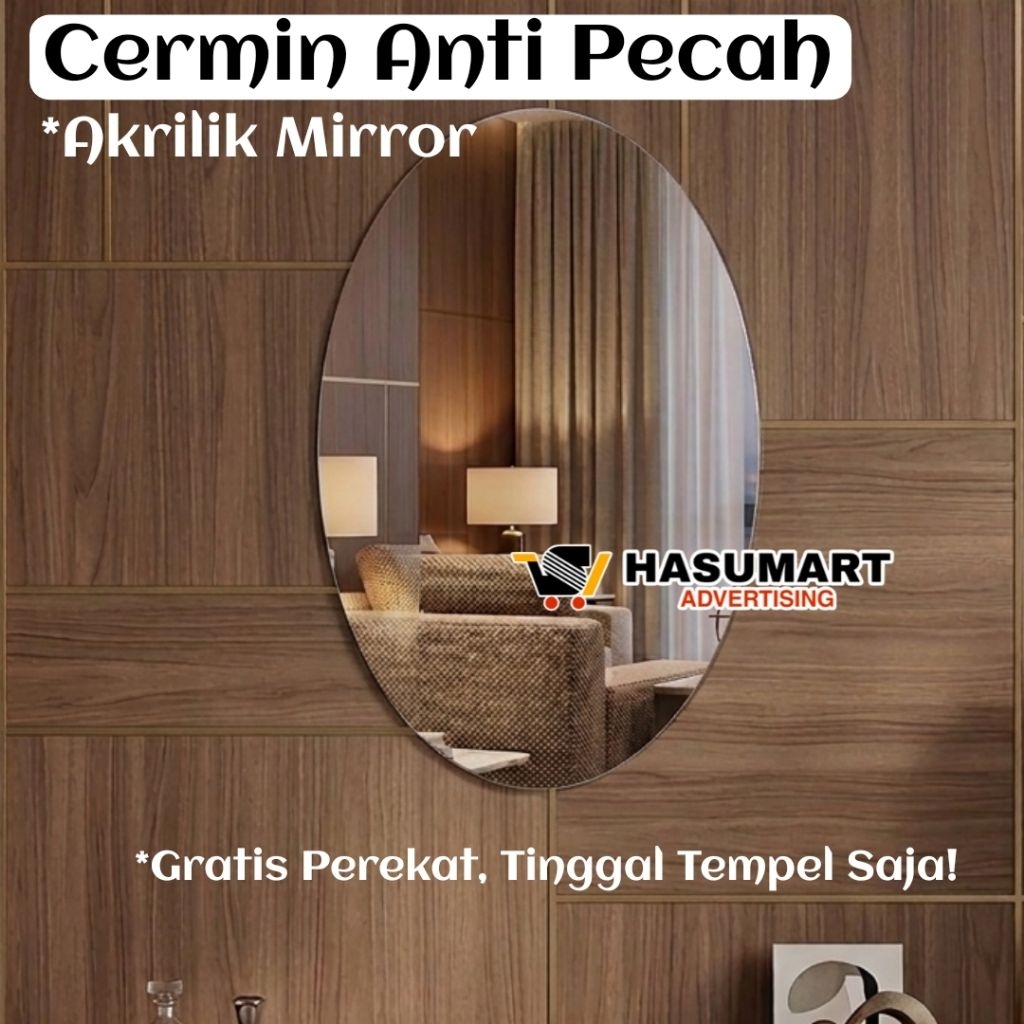 Cermin Akrilik Oval (ANTI PECAH) / Cermin Dinding Tempel / Hiasan Dinding Cermin Kaca Akrilik / Cerm