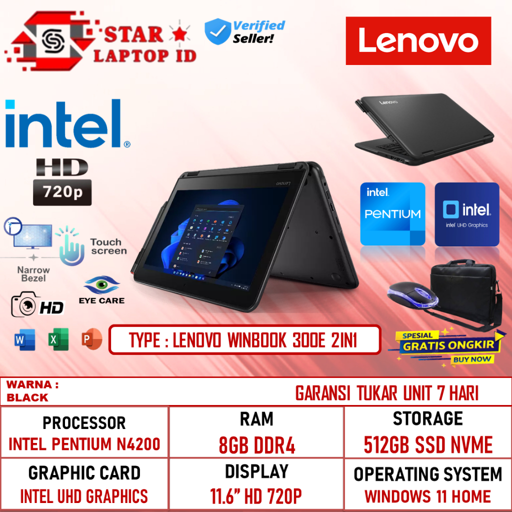 Laptop Touchscreen Lenovo Winbook 300E 2in1 11 Intel Pentium N4200 8GB 512GB 11.6 Inch Win 11 Home