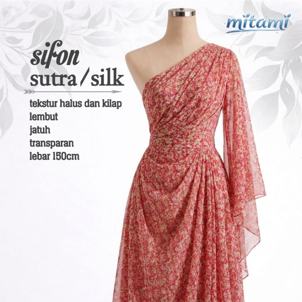 MITAMI Kain Sifon Sutra Premium Motif Bunga Mawar Merah Kecil | Bahan Kain Meteran (Harga Kain Per½ 