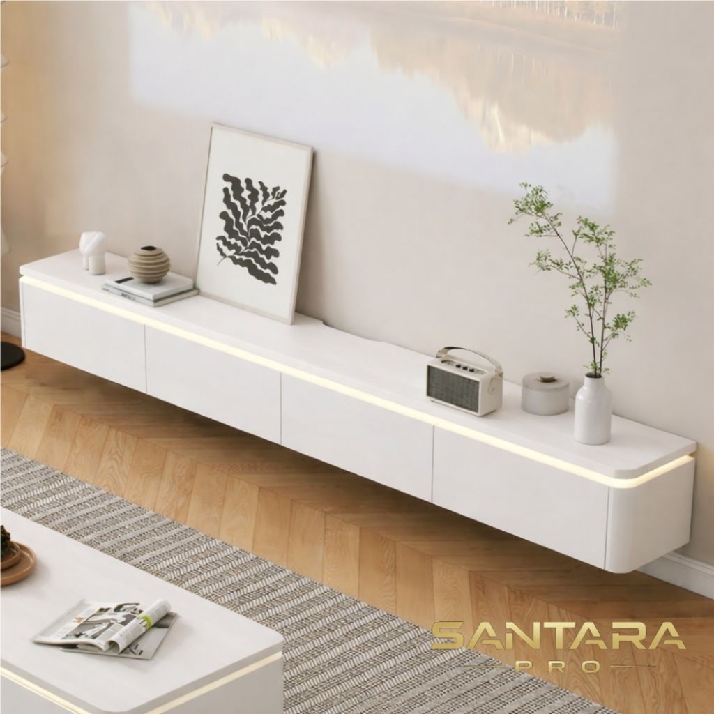 Meja TV Gantung Minimalis 140cm LED Floating Cabinet Putih Modern Plywood Finishing Tacosheet Rak TV