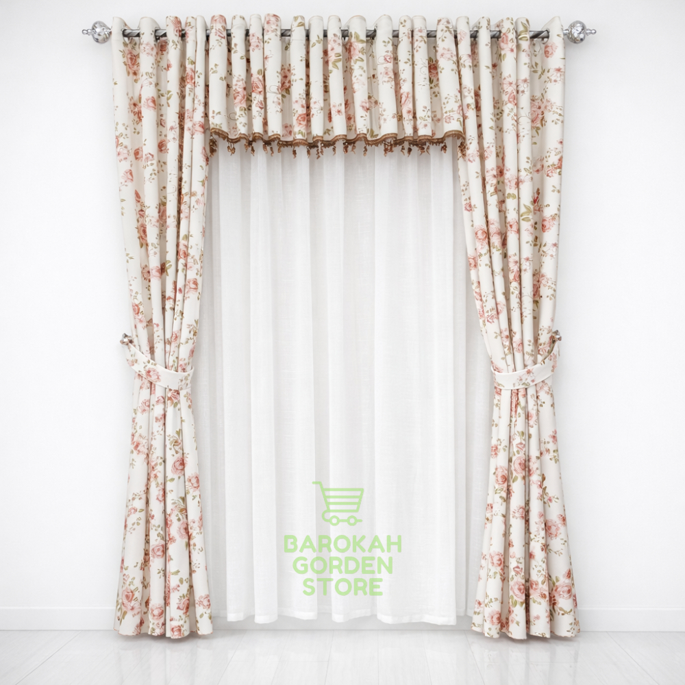 gorden satu paket hordeng jendela ruang tamu mewah motip bunga tulip warna ungu