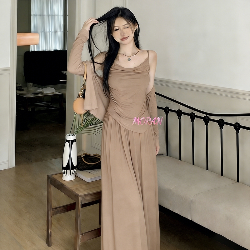 MORAN Setelan Wanita Lembut Krem | Inner Tanktop + Kardigan Oversize | Style Korea Elegan untuk Seha