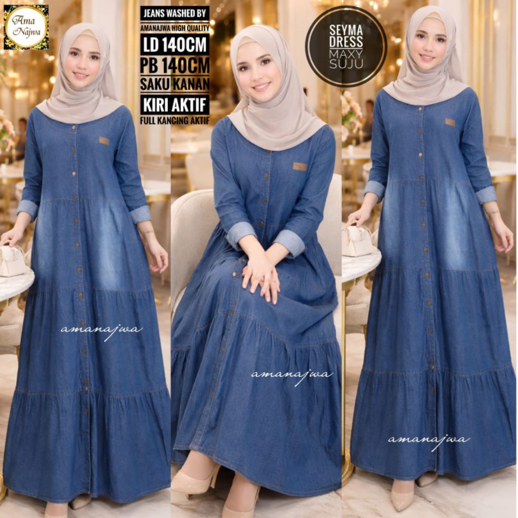 Gamis Jeans Wanita Super Jumbo LD 130-140 Dress Denim Maxy Big Size Baju Muslimah
