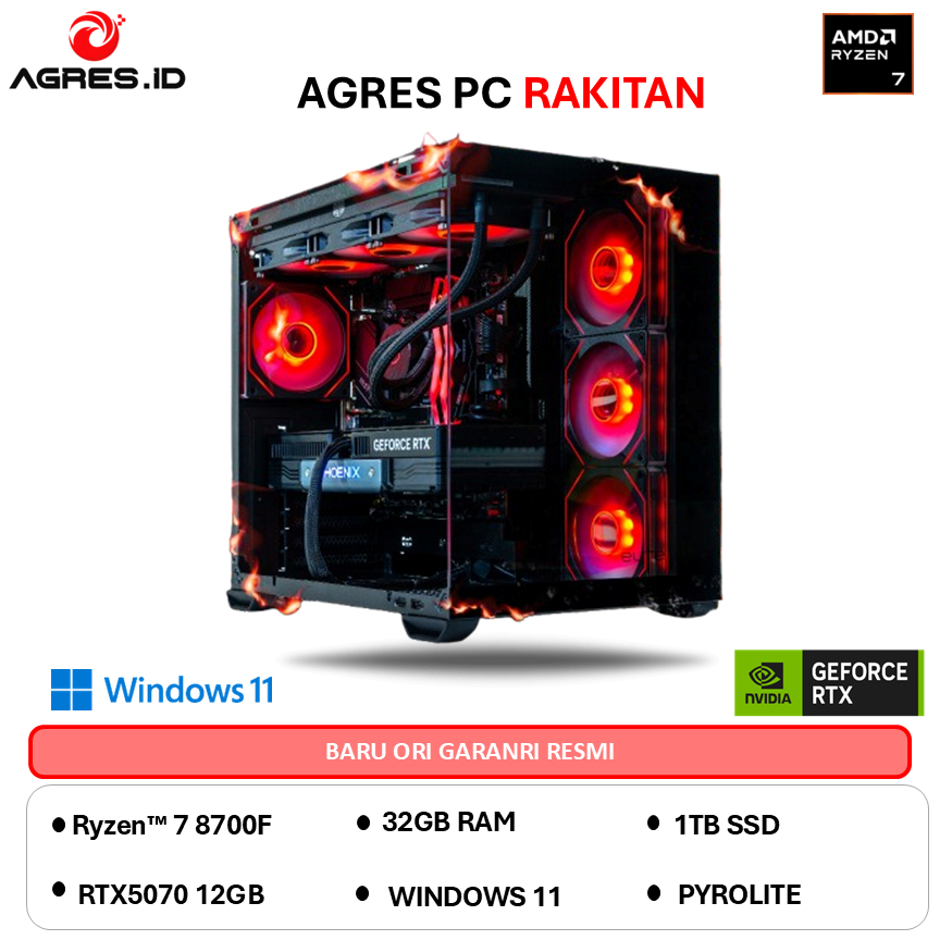 AGRES PYROLITE PC AMD RYZEN 7 8700F RTX 5070 12GB - RAM 32GB 1TB W11PRO - RAKITAN PC GAMING