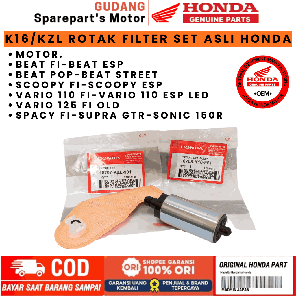 ROTAK FILTER BENSIN SET K16/KZL ASLI HONDA BEAT FI,BEAT ESP,VARIO 110 FI,SCOOPY FI PRESISI KUALITAS 