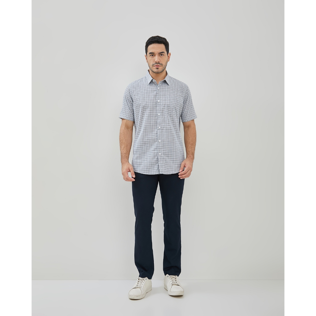 VALINO Kemeja Regular Lengan Pendek Plaids Pria (Putih / Biru)