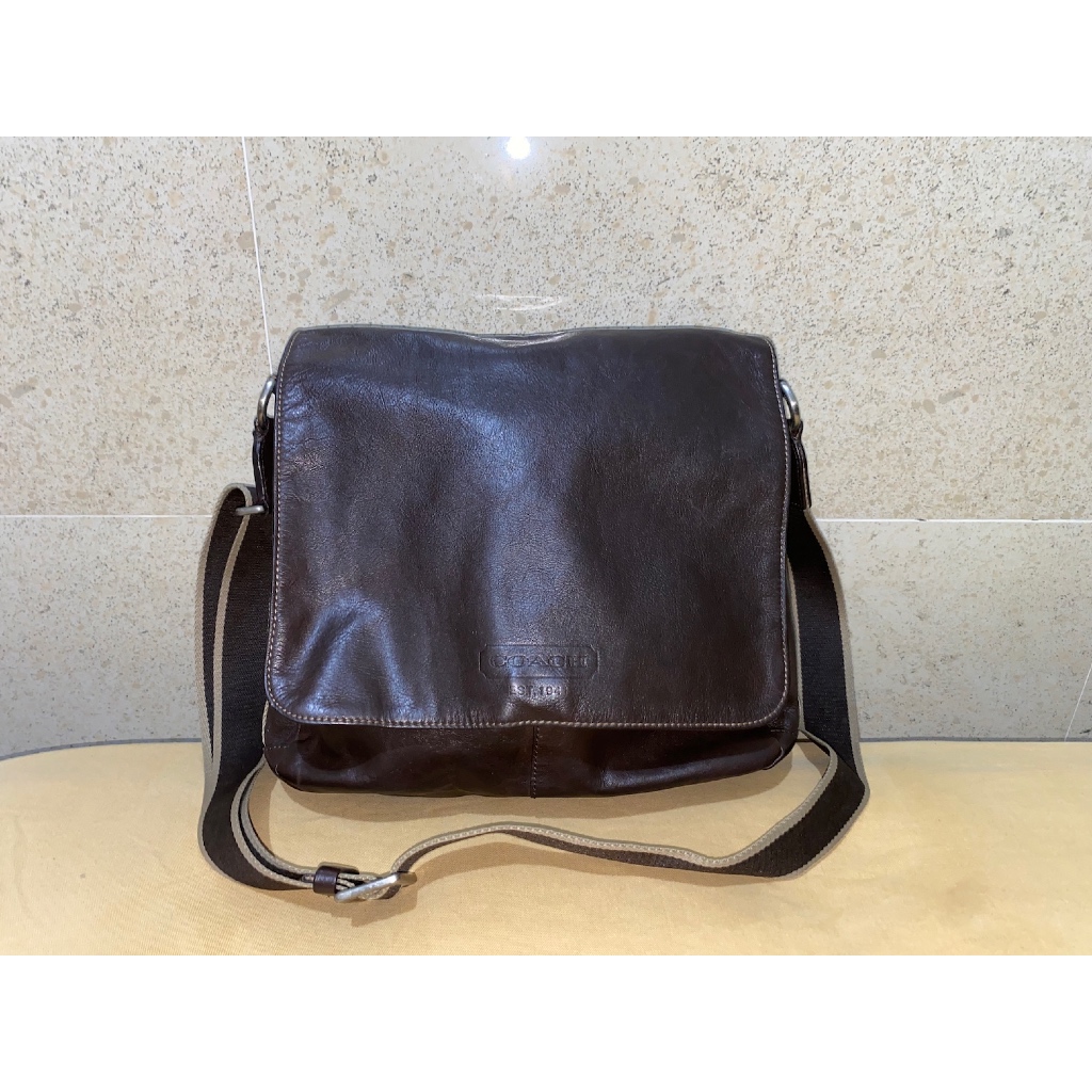 tas sling bag selempang pria cowo brand Coach full kulit leather brown coklat LIKE NEW