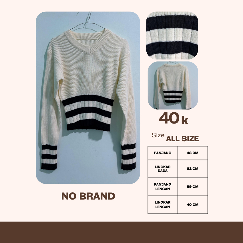 Sweater Putih Garis Hitam Wanita Lengan Panjang