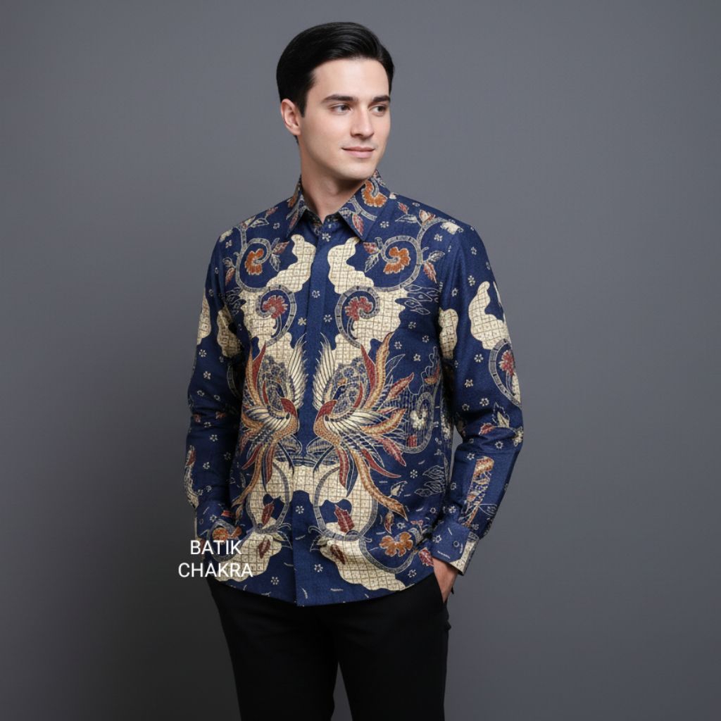 Kemeja batik pria BIRU lengan panjang bahan doby lapis furing motif terbaru