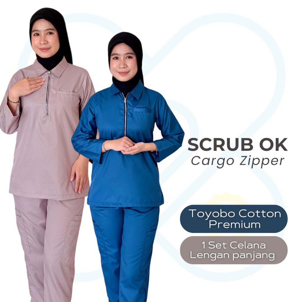 Scrub Ok Zipper Celana Cargo Wanita/ Baju Ok zipper lengan panjang/ Baju Ok zipper cargo pants S-XXX