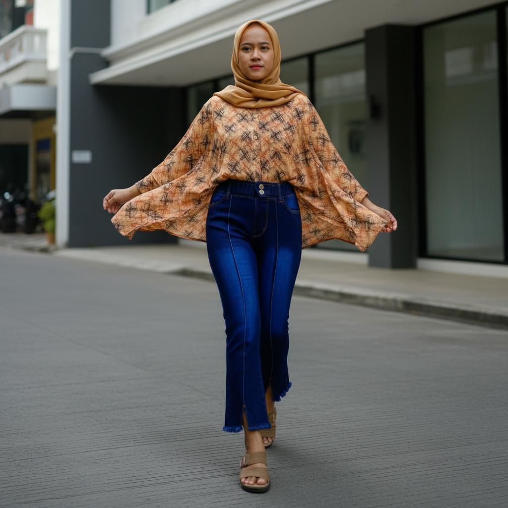 Fujian cutbray 7/9 jeans wanita pinggang karet variasi skoder garis tulang bawah belah rawis bahan t