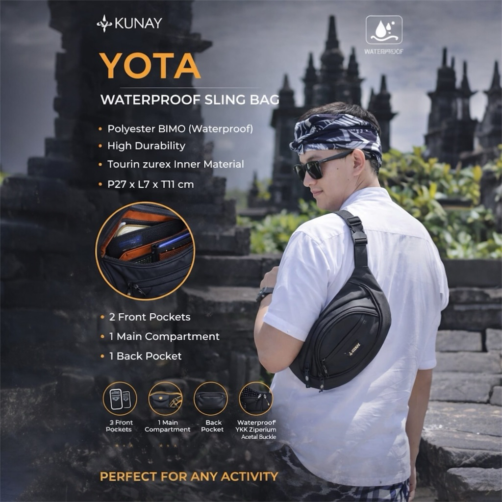 KUNAY Tas Waistbag YOTA Pria Minimalis Waterproof Selempang  Hitam Polos Pinggang Kecil Simple Anti 