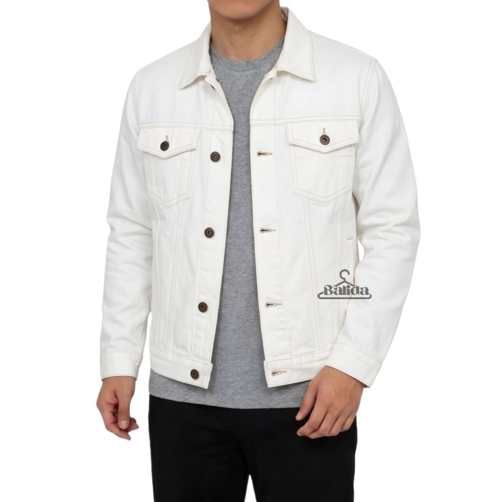 Jacket Jeans Pria Denim Sport Casual Slimfit Putih M L XL