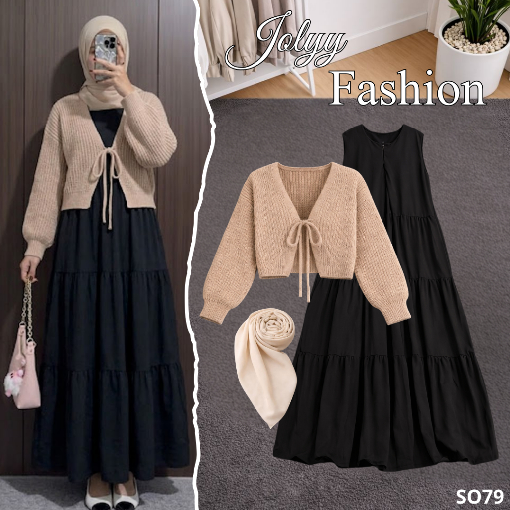 Setelan Wanita Hijab Kekinian 3in1 ( Dress Hitam, Cardigan Joly, Hijab Bella Square ) OOTD  Remaja S