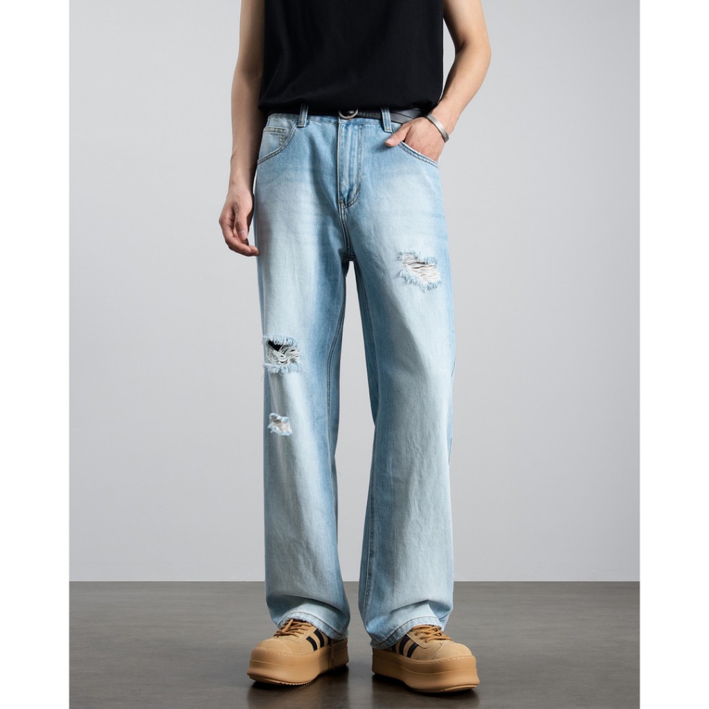 Celana Jeans Pria Denim Baggy Sobek Cowok Korean Style Straight Retro Biru Muda