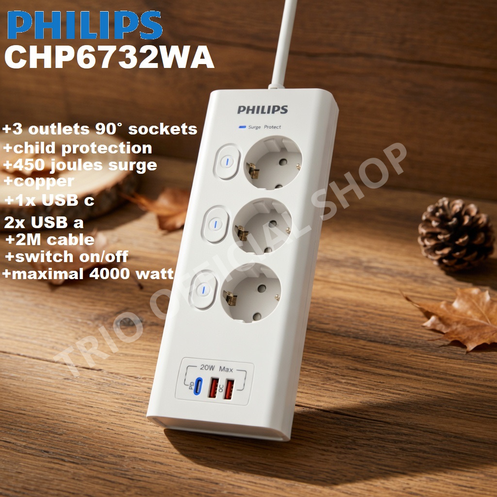 Power Strip Philips Stop Kontak Type CHP6732WA|3 Outlets|450 Joules|2M Cable|4000 Watt|Tahan Panas|1