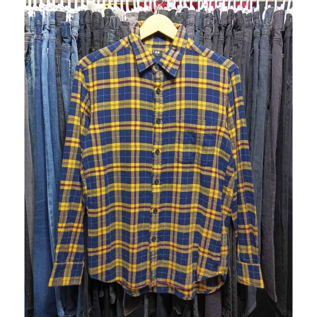 Kemeja Flannel Uniqlo Biru Kuning