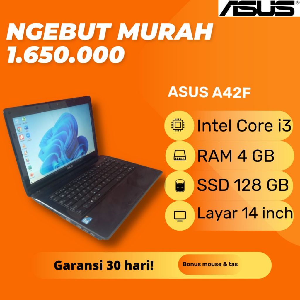 Asus A42F Hitam Intel Core i3 350M RAM 4GB SSD 128GB  Windows 10 Laptop Second Bekas Murah