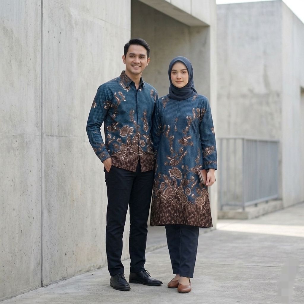 Batik Couple Wanita Tunik Lengan Panjang Bahan Katun Signature - Seragam Batik Pria Dan Wanita Kanto