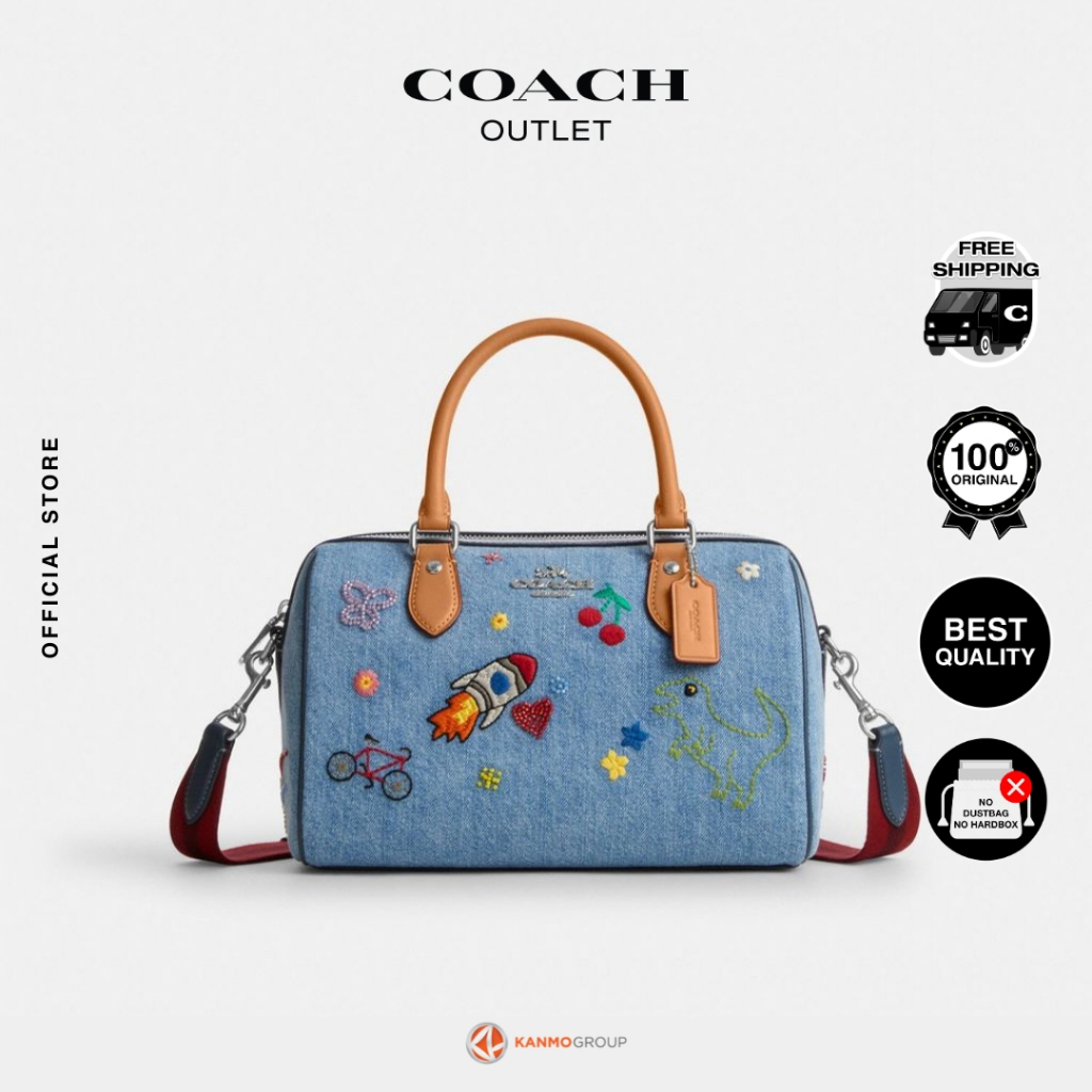 Coach Rowan Satchel Bag In Signature Denim With Patches And Embroidery - Tas Jinjing Wanita