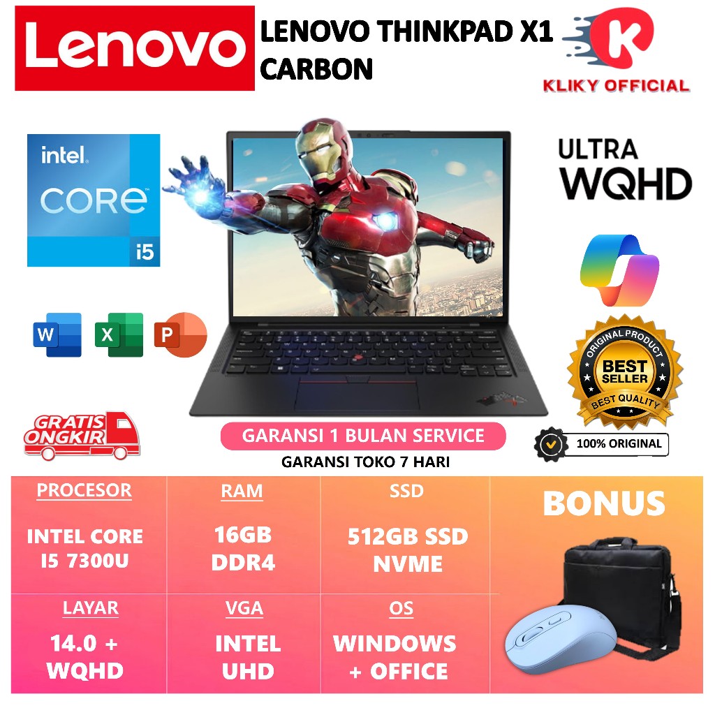 LENOVO THINKPAD X1 CARBON INTEL I5 7300U RAM 16GB 256GB 14.0 WQHD WIN10PRO