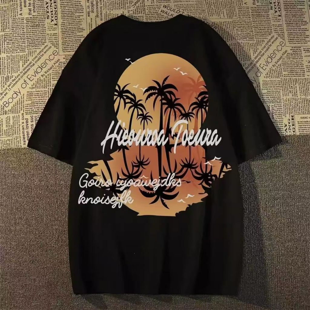 Kaos T-shirt Unisex Motif Pemandangan Pohon Kelapa dan Matahari Terbenam Oversize Ukuran L-6XL | Baj