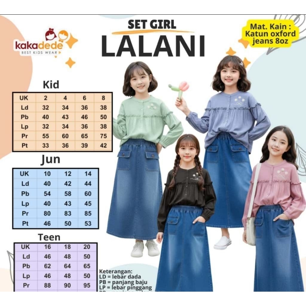 Set girl lalani, Set rok levis anak perempuan, set rok, Setelan Rok atasan blouse, Blouse Set rok je