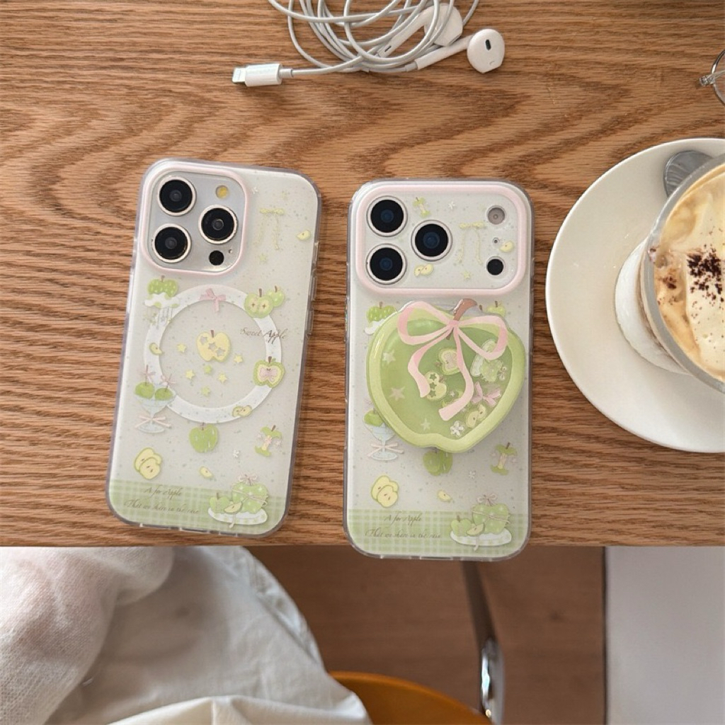 Green Apple Bowknot Magnetic Popsocket Magsafe Case Iphone 13 14 15 16 17 Pro Promax | BONBONCASE.ID