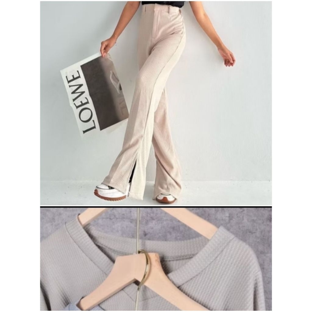 Setelan Knit waffle Premium Blouse V neck+Kulot cutbray muat bb 65kg warna IVORY