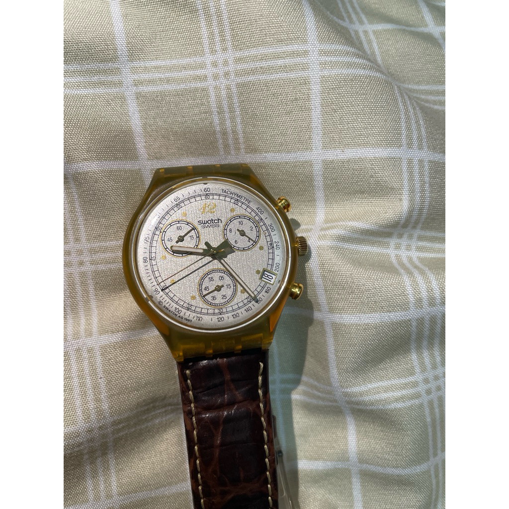 Jam Tangan Swatch Chronograph Swiss Original – Tanggal Aktif – Strap Kulit – Unik Transparan