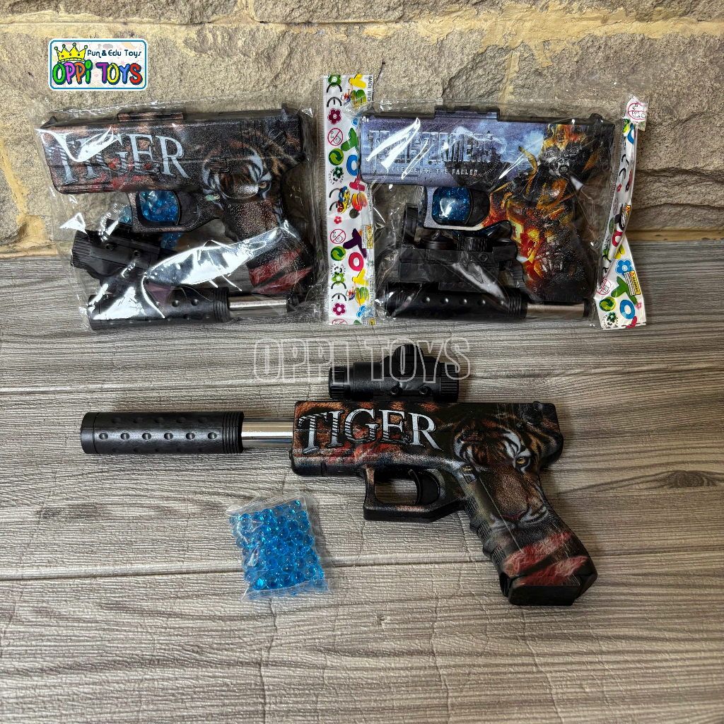 Mainan Tembakan Glock Gel Blaster Tiger Scope + Silencer – Water Gel Gun Orbeez Peluru Air Anak Dewa