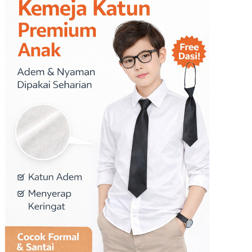 KEMEJA ANAK LAKI-LAKI FREE DASI putih katun premium  umur 2-12 tahun baju formal anak sekolah adem h