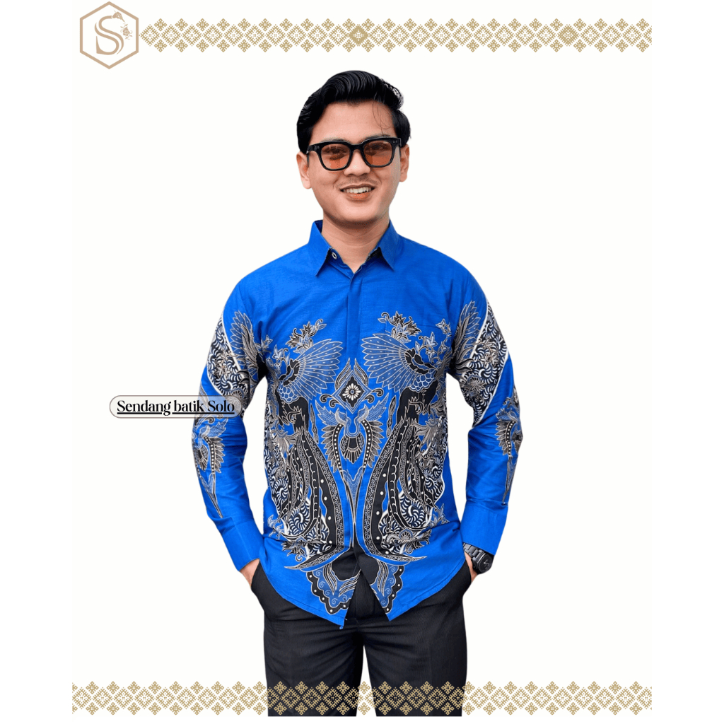 Batik Pria motif BIRU ELEKTRIK atasan baju batik modern slimfit lengan panjang lapis furing katun er