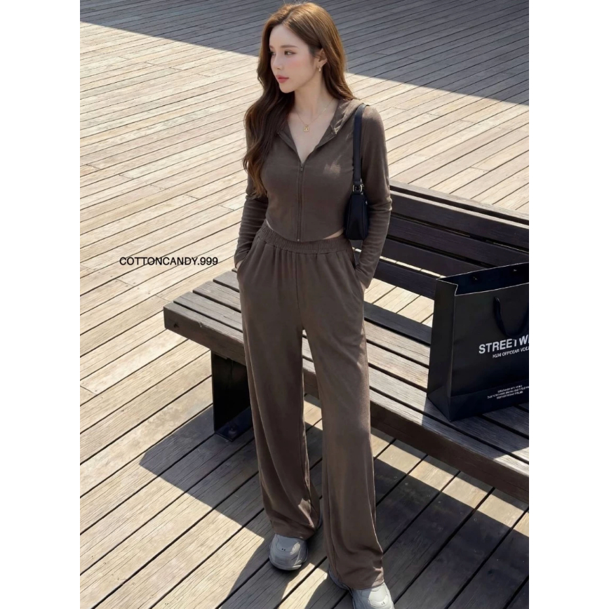 LUXENTIC- TS0525 MOJI SET LONG SLEEVELESS ZIPPER KNIT TOP LONG PANTS SETELAN COTTON CANDY IMPORT PRE