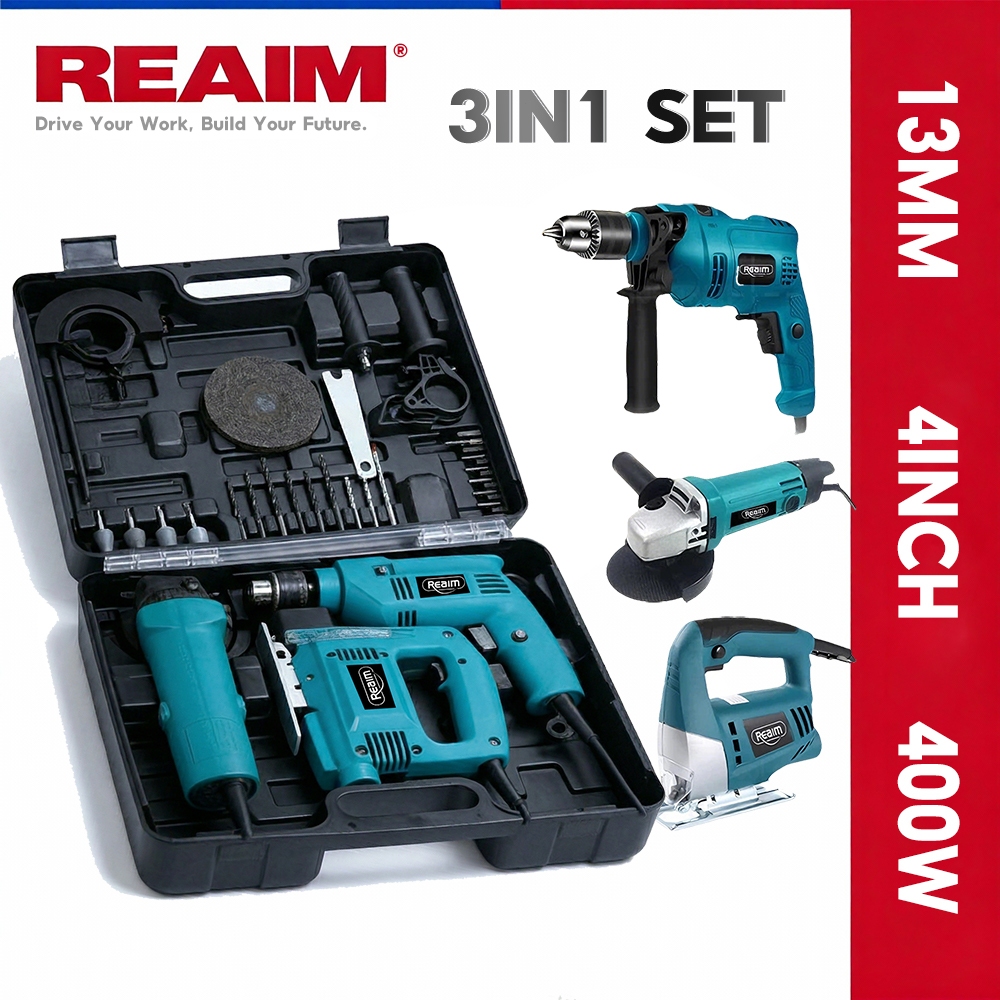 REAIM Bor Listrik Dan Gerinda Listrik dan Mesin Gergaji Jigsaw 3 in 1 Paket Power Tools