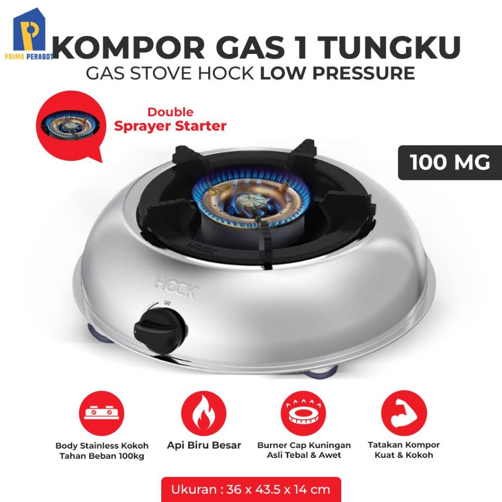 Kompor Gas 1 Tungku Hock Mutiara Gold 100 MG Stainless Api Biru Besar