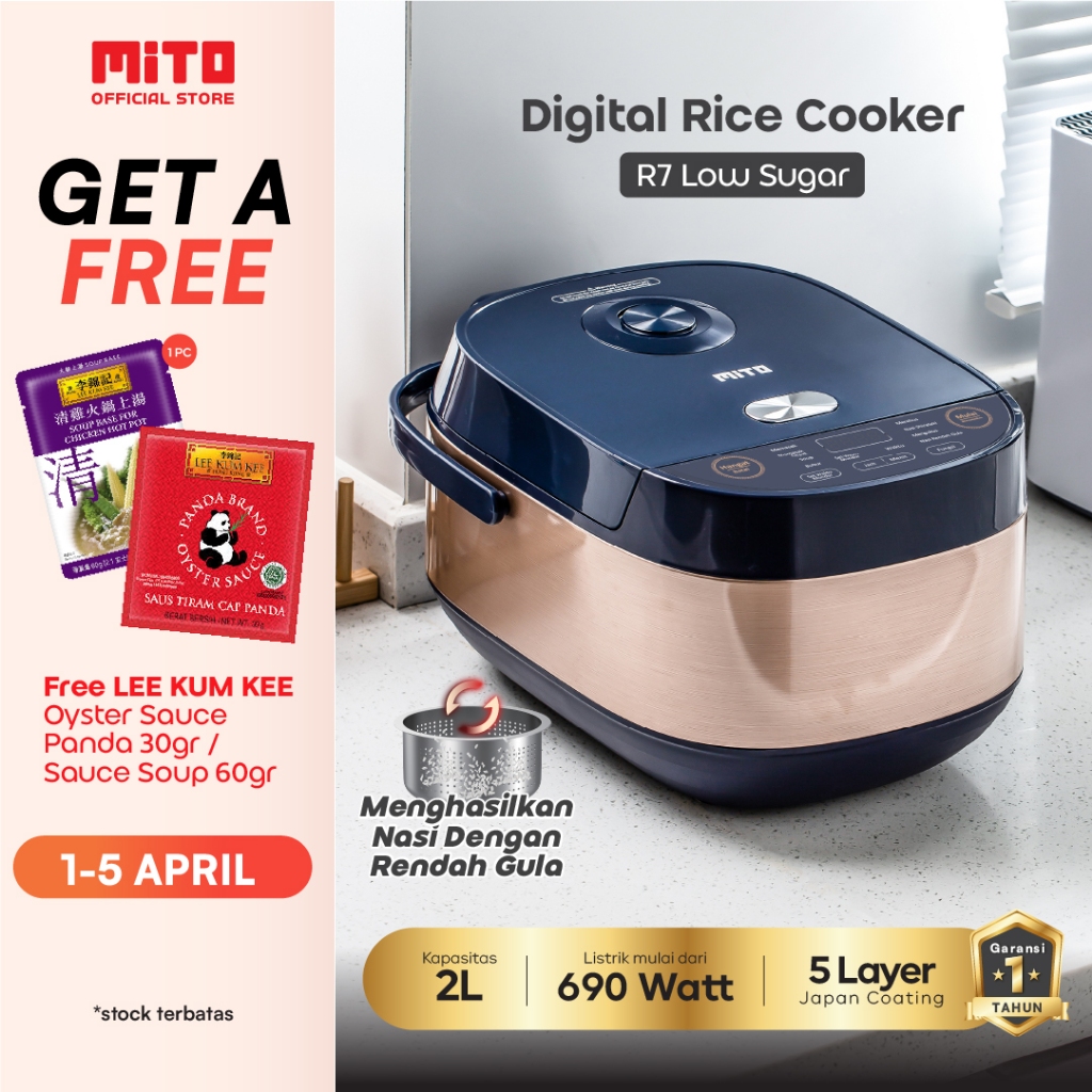 Mito R7 Low Sugar Rice Cooker 1.8 Liter Hitam - Pemanggang Digital Multifungsi
