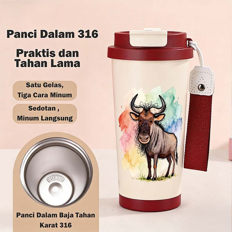 Animal World wildebeest Tumbler Termos Kopi CUP 500ML Termos Custom Stainless Steel Straw Bottle Bot