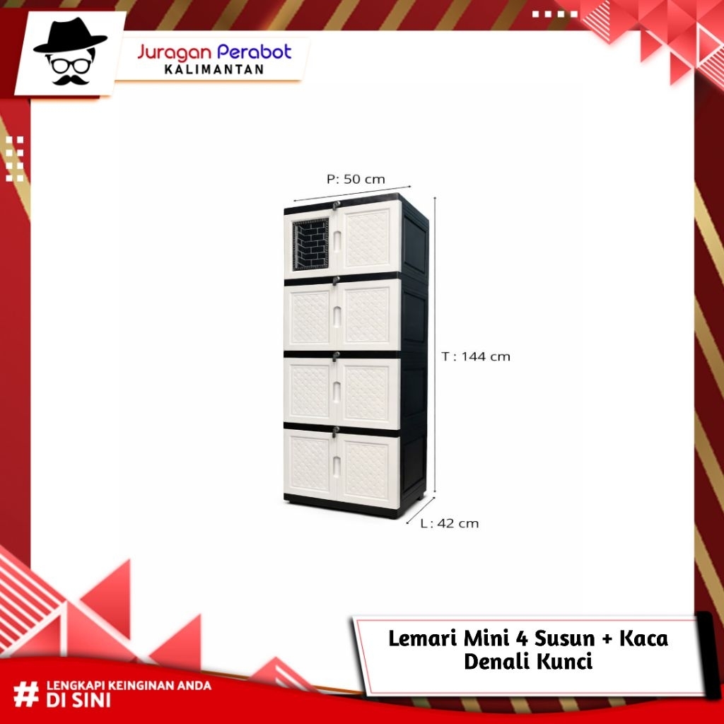 Lemari Mini 4 Susun + Kaca Denali Kunci / Lemari Plastik 4 Susun Anti Rayap