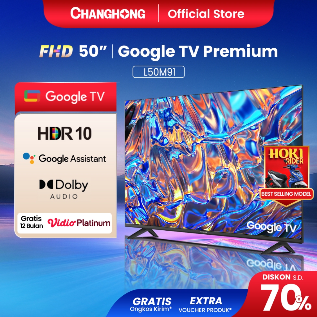 Changhong TV 50 inch FHD Google Smart Digital TV Dolby Audio DBX-TV Google Play Netflix Youtube Blue
