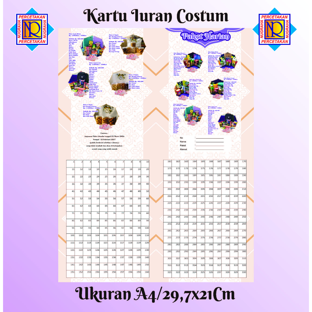Kartu Iuran Premium Costum Full Warna Ukuran A4 2 Sisi