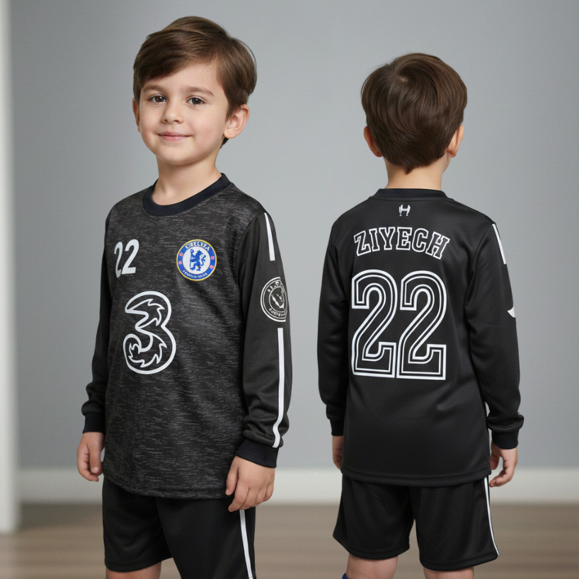 setelan baju kiper anak baju bola kiper chealse hitam /baju bola anak murah 6-12th
