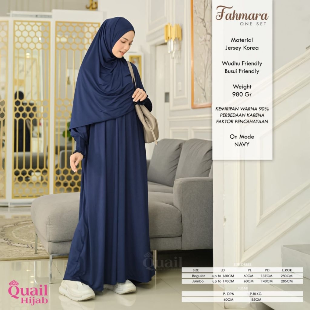 QUAIL SET GAMIS ABAYA FAHMARA BAHAN ROYAL JERSEY nyaman untuk ibadah haji umrah oneset syari size ju
