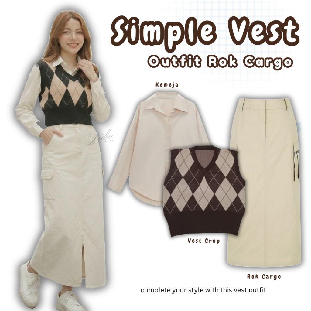 Setelan Vest Wanita Set (  Vest Crop Diamond + Kemeja Lengan Panjang + Rok Cargo ) One Set Simpel