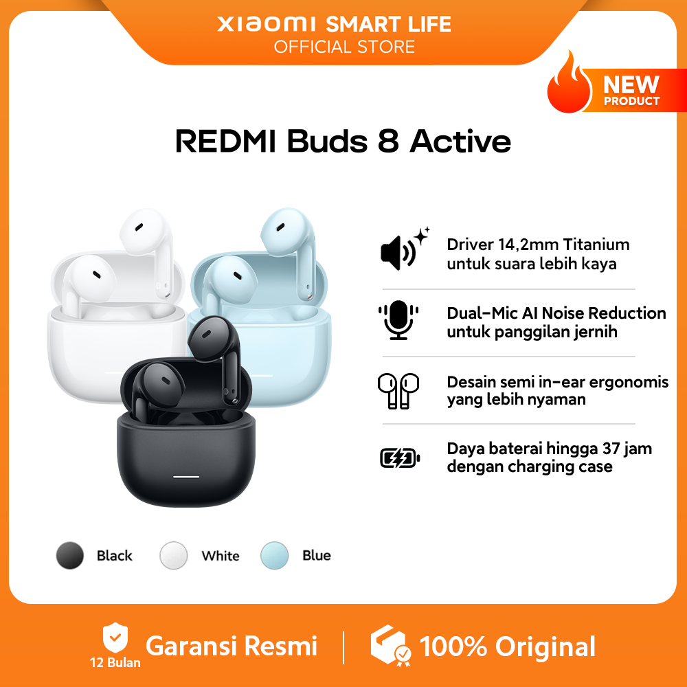 Xiaomi Redmi Buds 8 Active | Driver 14,2mm Titanium | Dual-Mic AI Noise Reduction | Desain semi in-e