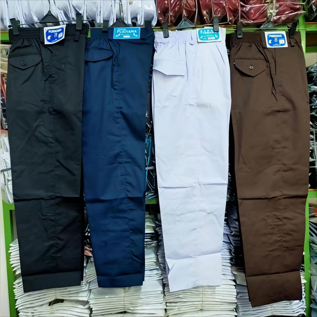 CELANA PANJANG PRIA SEKOLAH KARET SMP/MTS/SMA BAHAN DRILL ADEM HITAM,PUTIH,COKLAT,BIRU