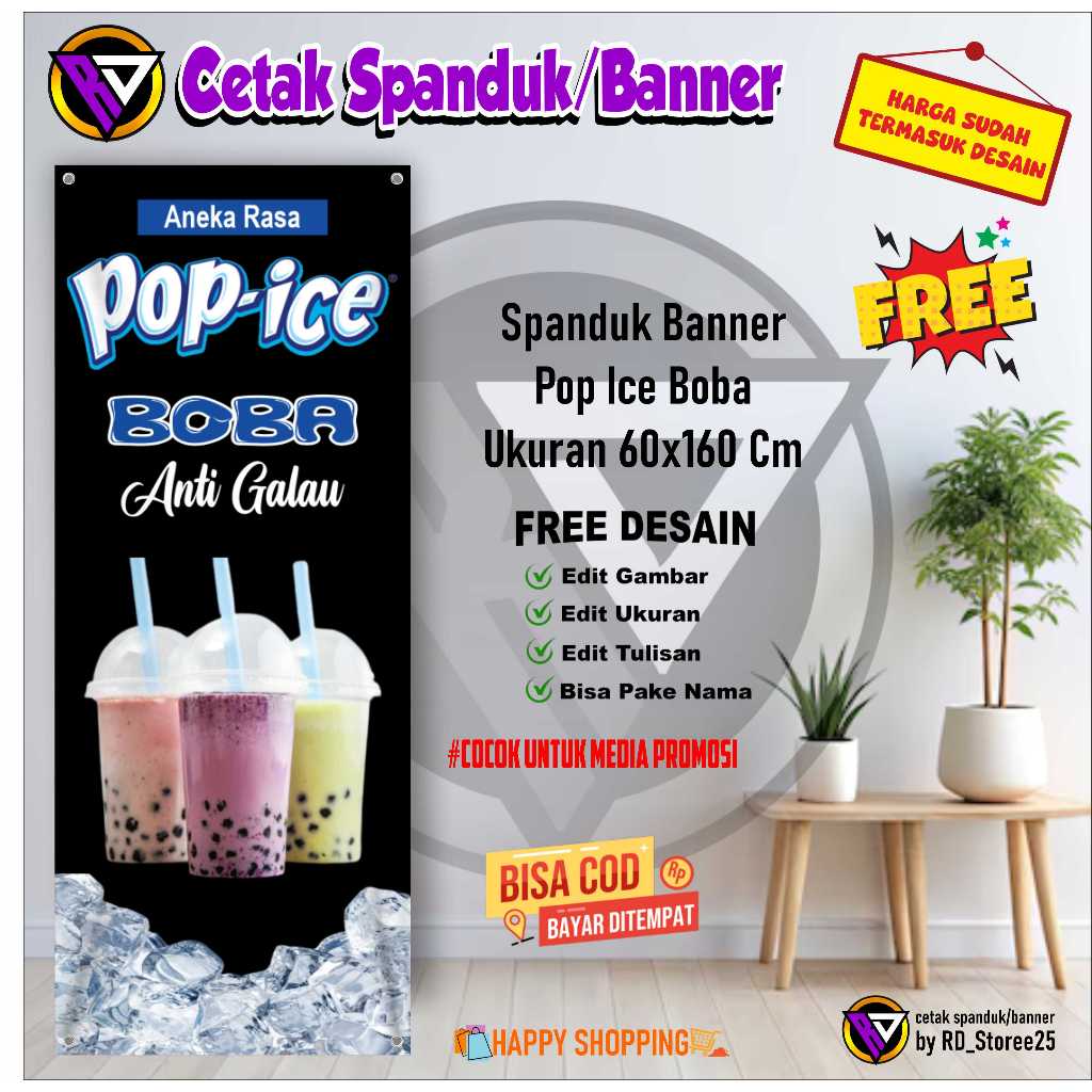Spanduk Banner Pop Ice Boba Ukuran 60x160 Cm