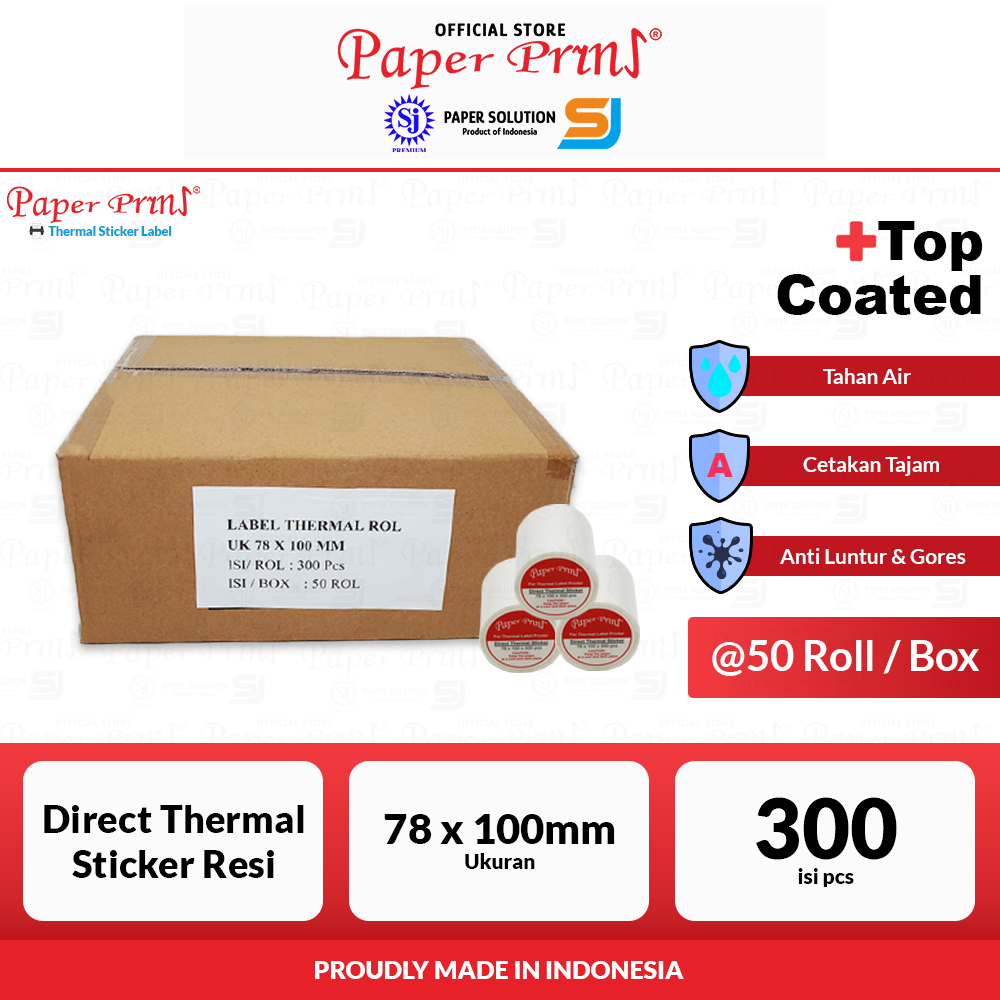 Kertas Label Direct Thermal Sticker Barcode Resi Paperpryns 78x100mm (@1 Box isi 50 Roll)