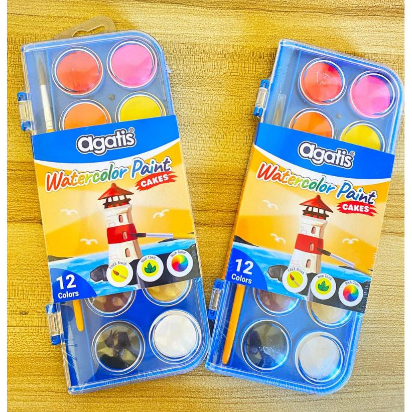 Cat Air Agatis 12 Warna Watercolor Paint PC-C-1201 Set Alat Lukis Mewarnai Bonus Kuas Anak Sekolah T